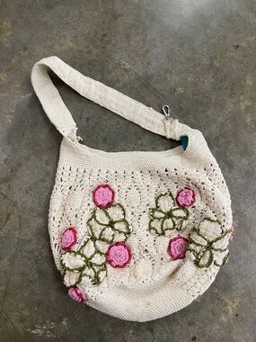 Free People Cream Crochet Shoulder Bag with Pink Floral Appliqué